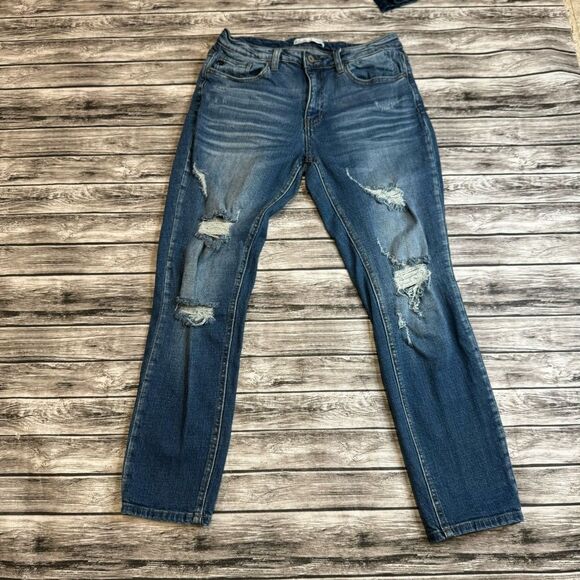 KanCan Women's Straight Leg Ripped Jeans 29 Medium Blue Distressed Ripped Trendy - Picture 2 of 12